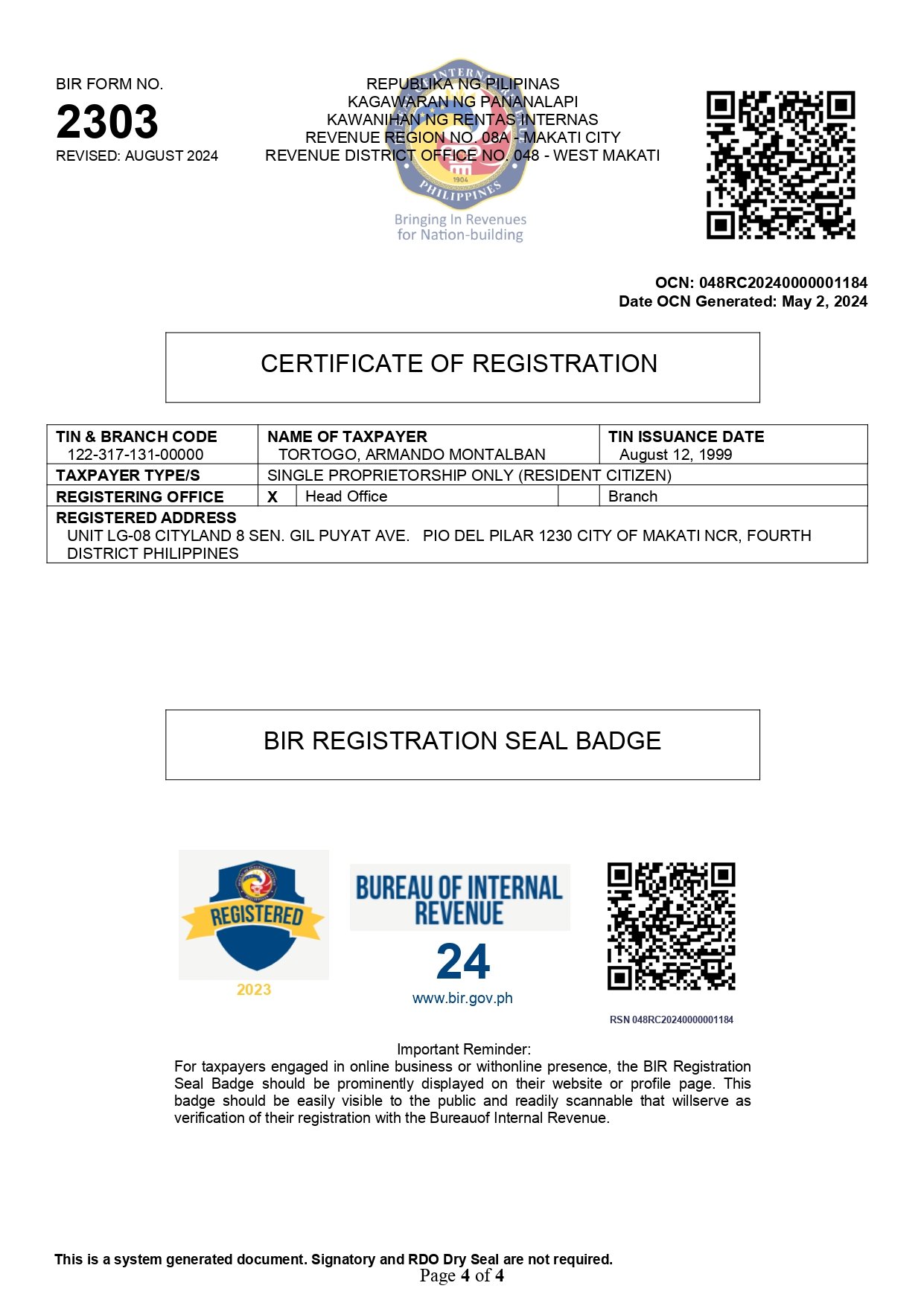 Certificate of Registration page 4